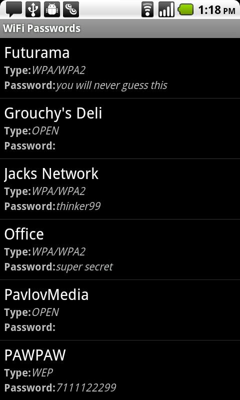 WiFi Passwords (requires root) Android Tools