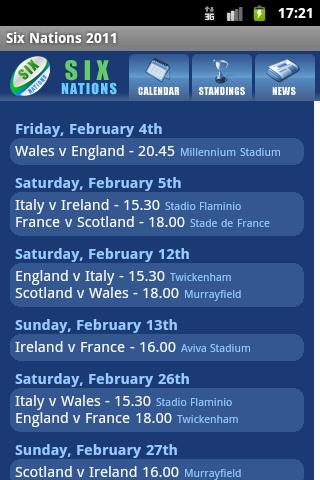 Six Nations 2011 Rugby Android Sports