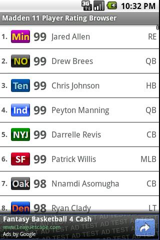 Madden 11 Player Rating BETA Android Sports