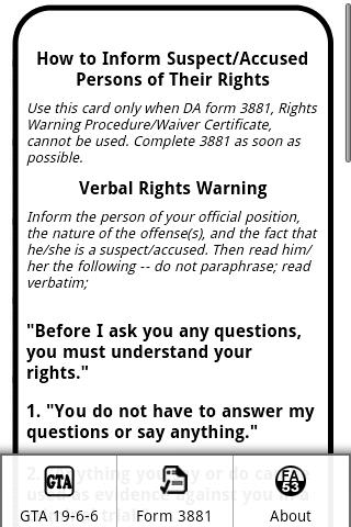 US Army Rights Warning Card Android Books & Reference