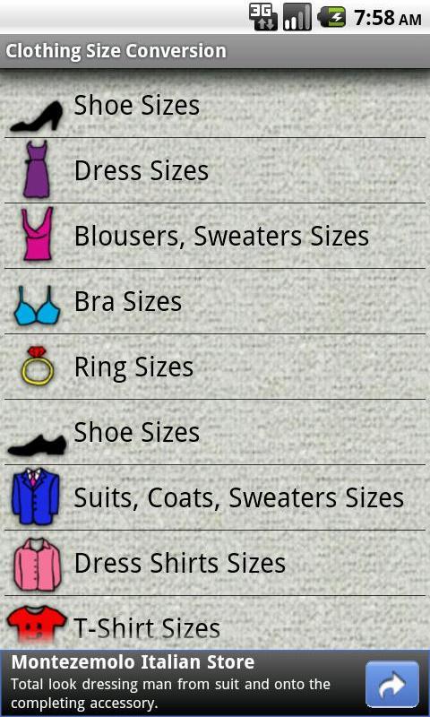 Clothing Size Conversion Android Shopping