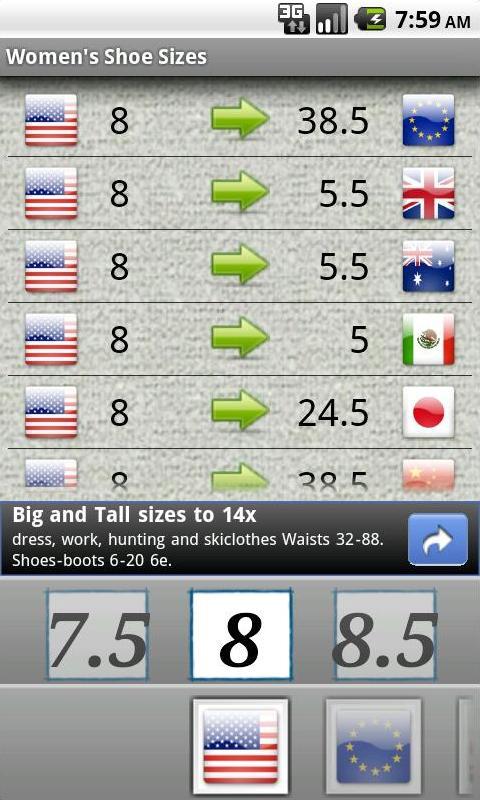 Clothing Size Conversion Android Shopping
