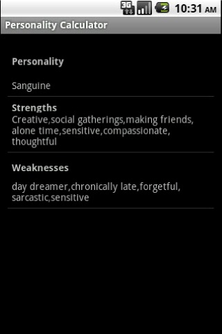 Personality Calculator Android Reference