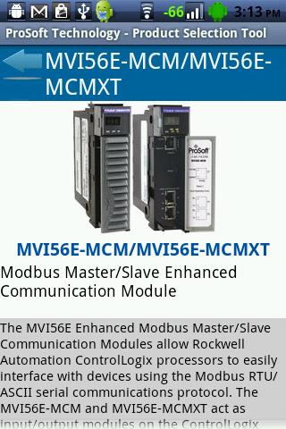 ProSoft Product Selection Tool Android Communication