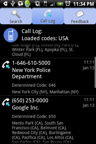 AreaCodes/CallLocator Android Communication
