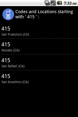 AreaCodes/CallLocator Android Communication