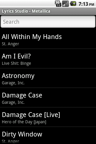 Metallica Lyrics Studio Android Entertainment