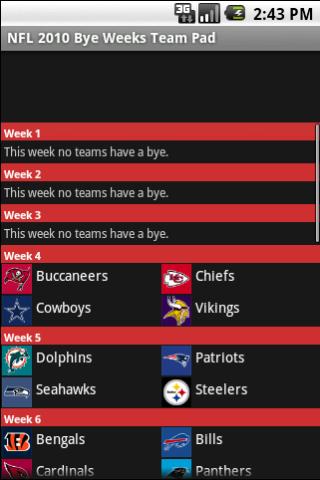 NFL 2010 Bye Weeks Team Pad Android Sports