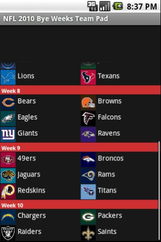 NFL 2010 Bye Weeks Team Pad Android Sports
