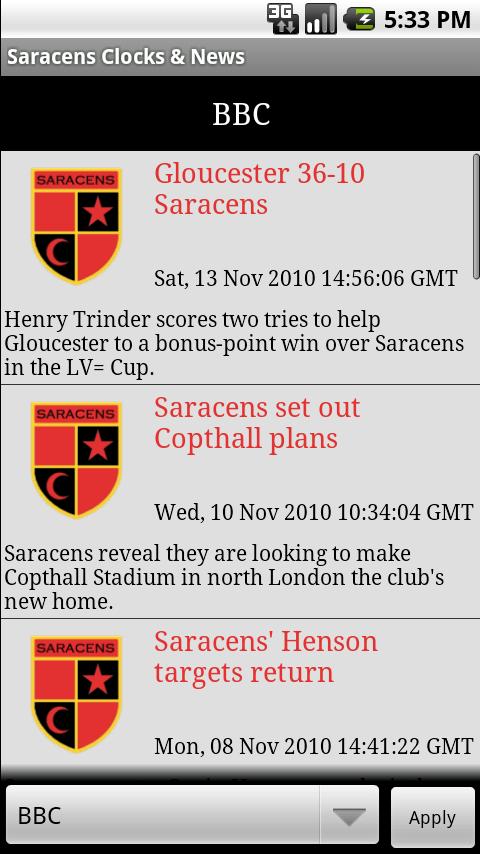 Saracens FC Clocks & News Android Sports