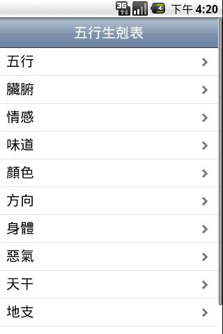 五行生剋表 Wu Xing Table Android Reference
