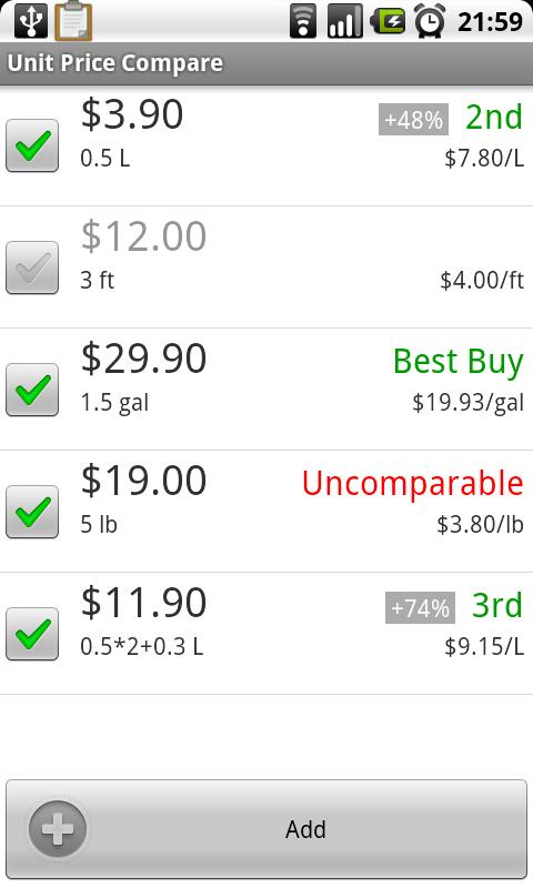 Unit Price Compare Android Shopping