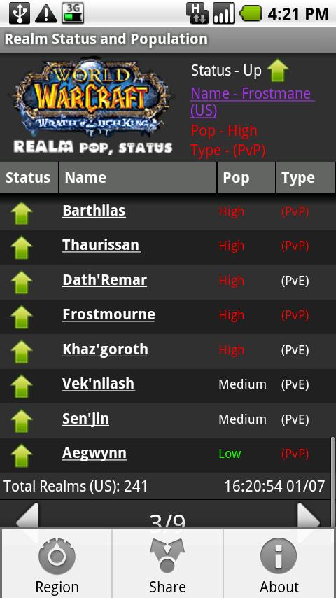 WoW realm population, status Android Casual
