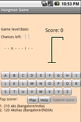 Hangman game upto 3 levels Android Brain & Puzzle